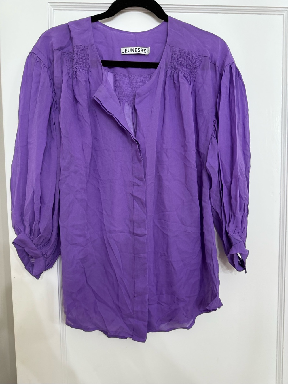 JEUNESSE Purple Smocked Balloon Sleeve Button-Front Blouse Size Medium